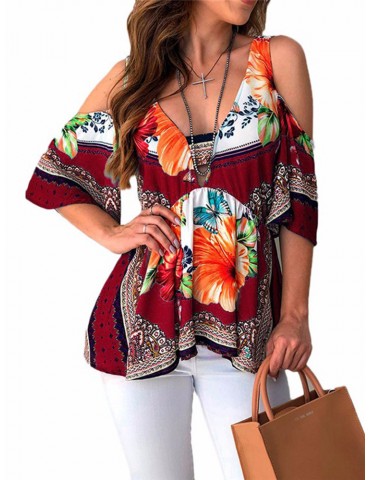 Bohemian Ethnic Print Cold Shoulder Plus Size Blouse