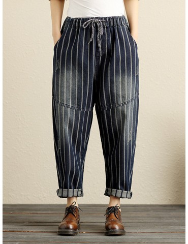 Denim Striped Elastic Waist Loose Pants