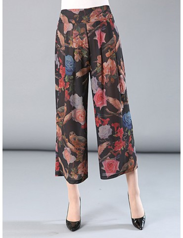 Floral Printed Elastic Waist Wide Leg Pants for Women