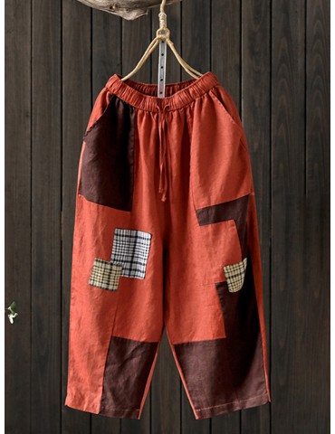 Vintage Patchwork Patch Drawstring Harem Pants with Pockets