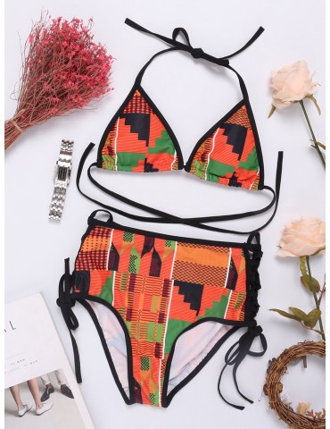 Sexy Halter String Print High Waist Triangle Bikini Swimwear Swimsuit For Women