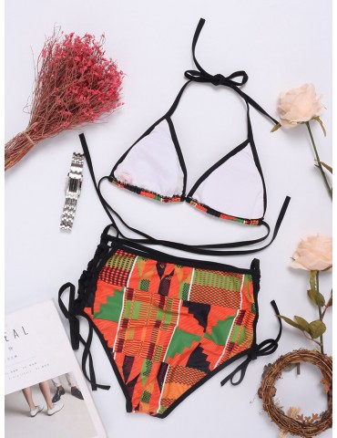 Sexy Halter String Print High Waist Triangle Bikini Swimwear Swimsuit For Women