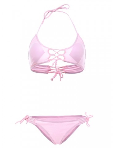 Sexy Criss Cross Straps Halter Pink Solid Color Bikini Set For Women