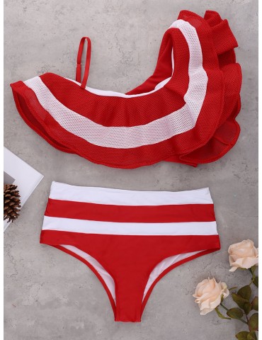 Striped One Shoulder High Waist Bikini Sets Swimsuit Swimwear For Women