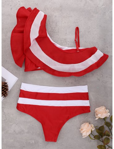 Striped One Shoulder High Waist Bikini Sets Swimsuit Swimwear For Women