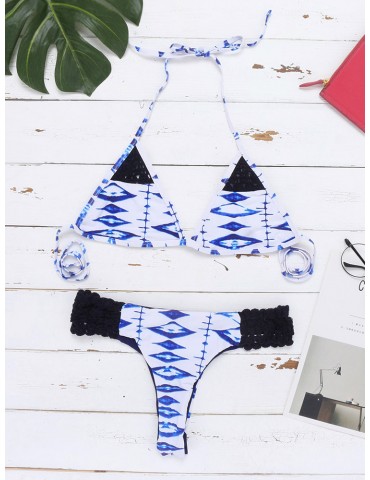 Sexy Printed Halter Triangle Low Waist Backless String Bikinis For Women