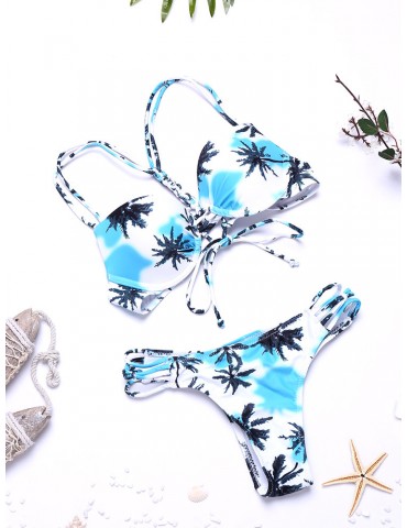 Women Sexy Printed Coconut Tree Criss Cross Backless Push Up Bikinis Swimsuits