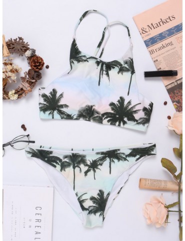 Sexy String Criss-Cross Coconut Tree Printed Swimwear Tankinis