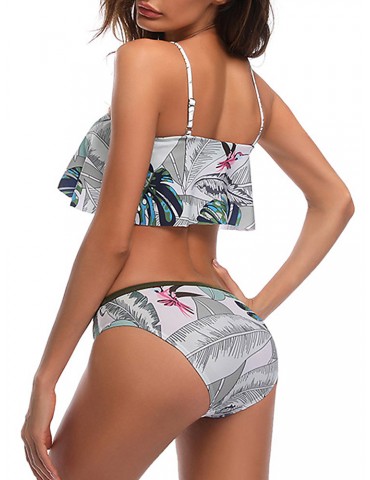 Sexy High Neck Plant Printed Halter High Waist Bikini Swimwear