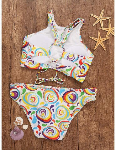 Printed Colorful String Lace Up High Neck Bikini Swimsuit