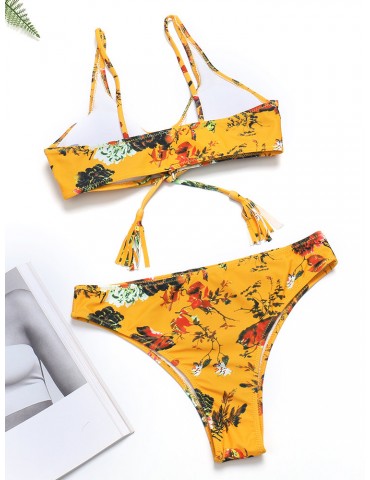 Tassel String Yellow Printed Flower Ribbed Texture Lace Up Bra Thong Bikini