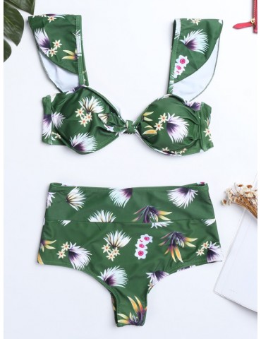 Printed Flounce Strap High Waist Tie Front Backless Bikinis Swimsuits For Women