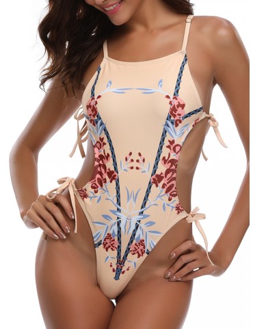 Printed String High Waist Cut Out Thong Sexy Monokini Swimsuits For Women