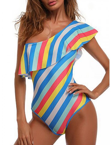 Multi Color Striped Figure Flattering One Piece Swimwear Swimsuit For Women