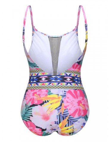 Geometric Printed Mesh Vintage Backless Breathable One Piece Swimsuits For Women