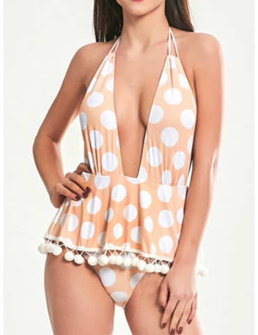 Sexy Halter String Polka Dot Tassel Deep V Backless Monokini Swimsuits For Women