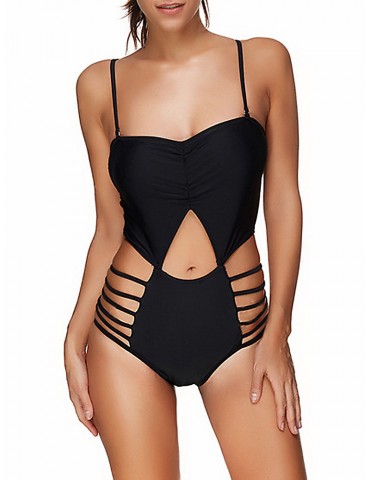 Black Sexy Spaghetti Strap Hollow Out Monokini Swimsuit