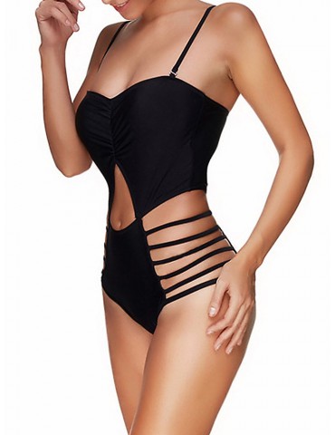 Black Sexy Spaghetti Strap Hollow Out Monokini Swimsuit