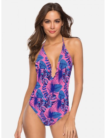 Plunge Print Halter Backless Sexy One Piece Swimsuits For Women