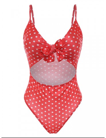 Women Sexy High Waist Polka Dot Bowknot Cut Out Tie Front Monokini Swimsuits For Women