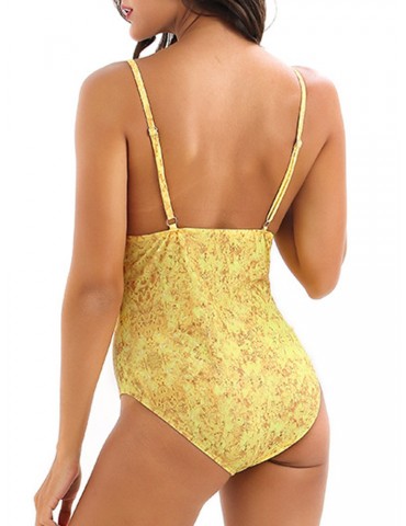 Sexy Yellow Backless One Pieces Front Keyhole Swimwear