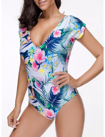 Conservative Double V Flower Printed One-Pieces Swimwear