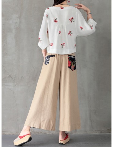 Folk Style Floral Print Patchwork Splited High Waist Women Pants