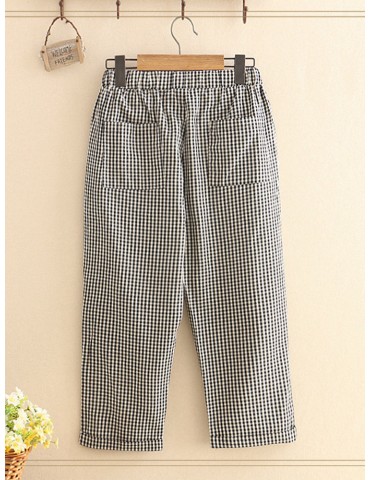 Plaid Cartoon Drawstring Casual Black&White Pants