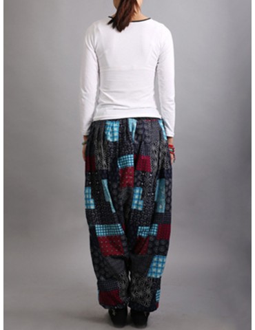 Ethnic Print Patchwork Elastic Waist Women Lantern Pants