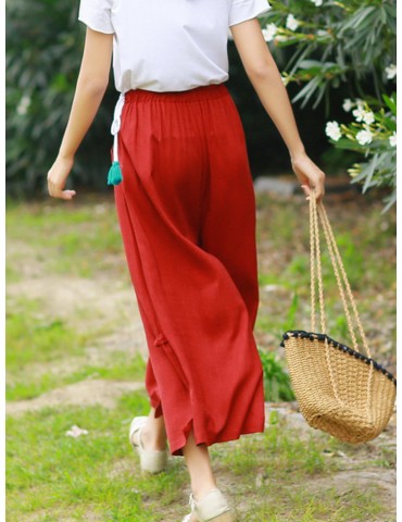 Side Splited Solid Color Tassels Elastic Waist Vintage Pants