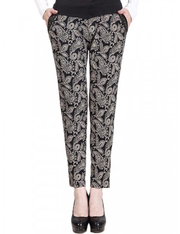 Ethnic Print Patchwork Elastic High Waist Women Pants