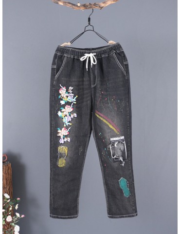 Retro Embroidered Elastic Waist Jeans