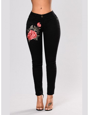 Stretch Flower Embroidered High Waist Jeans