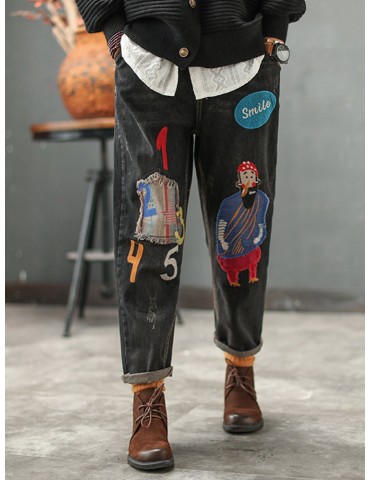 Vintage Patchwork Elastic Waist Embroidery Denim