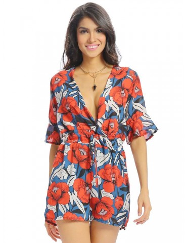 Women Vintage Floral Print V-neck Half Sleeve Short Jumpsuit