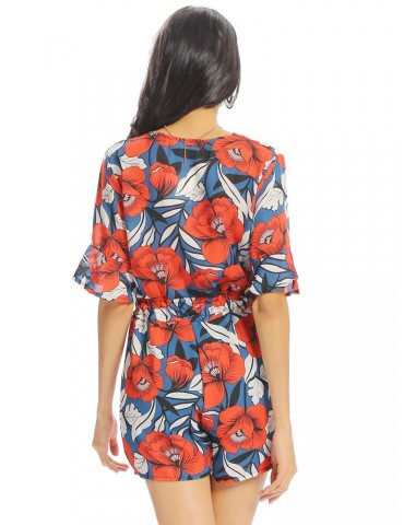 Women Vintage Floral Print V-neck Half Sleeve Short Jumpsuit