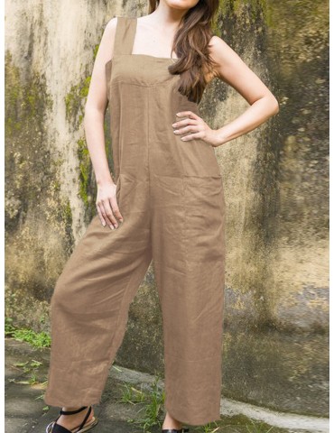 Side Pockets Wide Straps Solid Color Jumpsuit