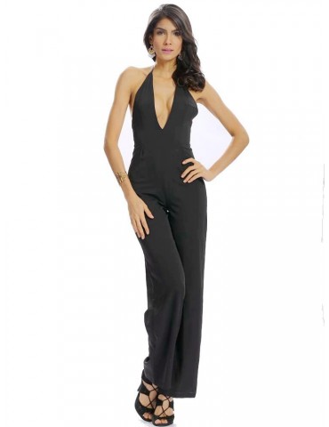 Women Casual Deep V Halter Backless Sleeveless Loose Jumpsuit