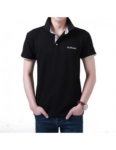 Mens Cotton Stand Collar Golf Shirt Summer Embroidery Button Short Sleeves T-shirt