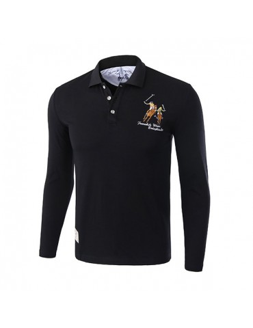 Mens Character Horse Embroidery Golf Shirt Turndown Collar Long Sleeve Casual Tee Tops