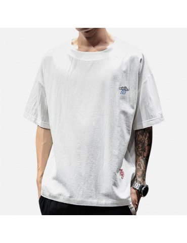 Mens Cotton Breathable Brief Embroidered Short Sleeve Crew Neck Casual Pullover T shirt