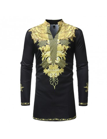 Mens African Ethnic Style 3D Printed Mid Long Stand Collar Long Sleeve Casual T Shirts