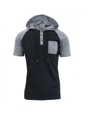 Mens Summer High Street Stylish Hit Color Front Pocket Short Sleeve Casual Hooded T-shirt