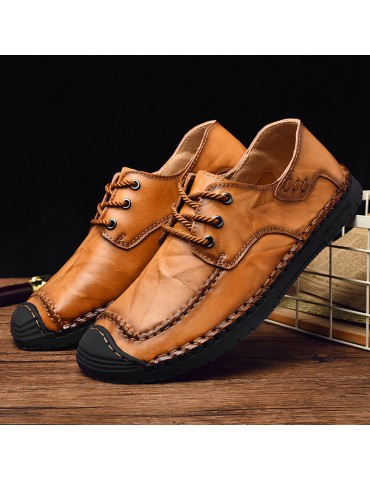 Men Classic Hand Stitching Comfy Soft Lace Up Leather Shoes