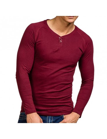 Mens 100%Cotton Breathable Cozy Solid Color Long Sleeve Slim Fit Casual Buttons T Shirts