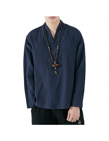 Mens Chinese Style Embroidery V-Neck Cotton T Shirts Casual Solid Color Long Sleeve Loose Tee Tops