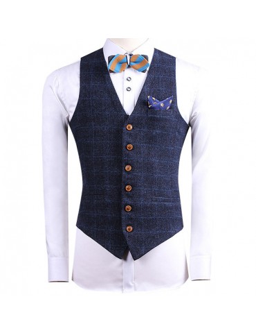 British Style Bussiness Casual Chest Single Pocket Checked Vest for Men