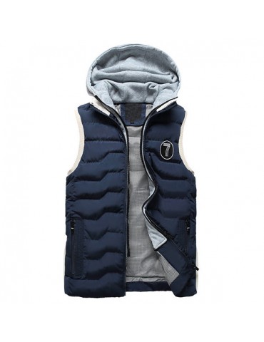 Thicken Cotton Solid Color Hooded Double Zipper Closure Coat Vest for Men