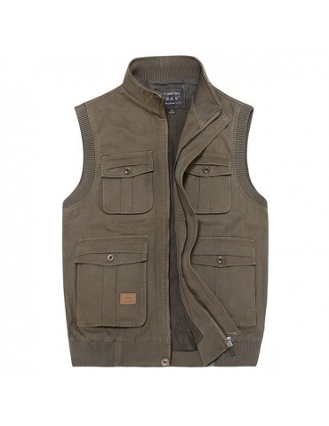 Casual Outdoor Cotton Multi-Pocket Fishing Photographic Stand Collar Waistcoat for Men