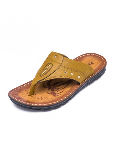 Men Clip Toe Soft Sole Water Friendly Beach Casual Leather Flip Flops